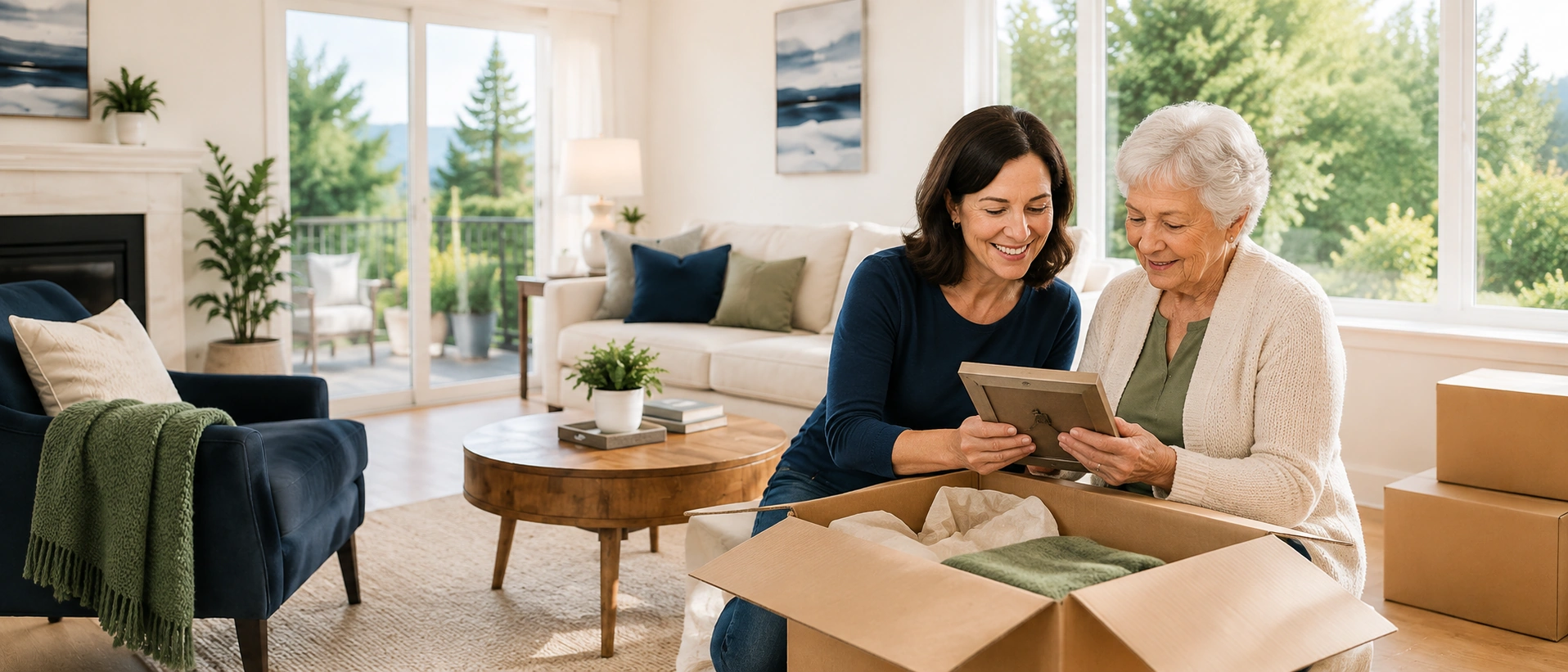 Adult daughter and senior parent sorting meaningful belongings during a home transition