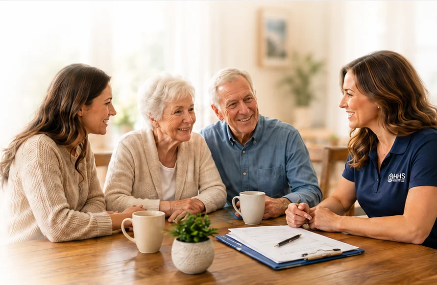 Supportive home consultation at a table during a family property transition