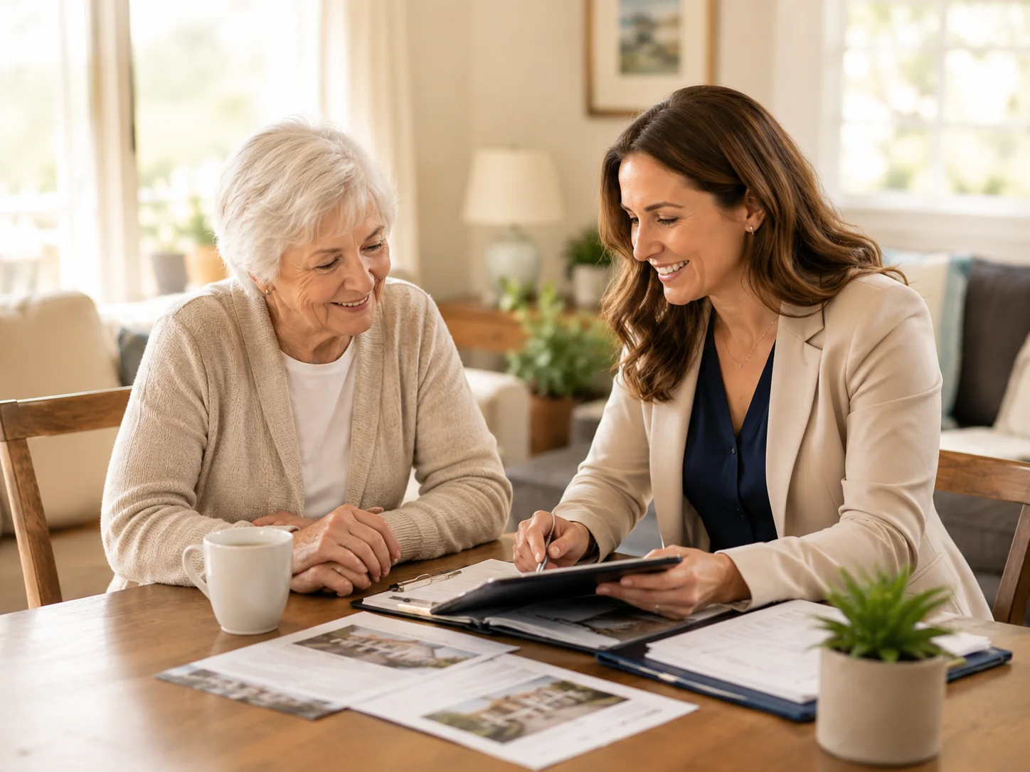 Realtor and homeowner reviewing a property plan in a market-ready home